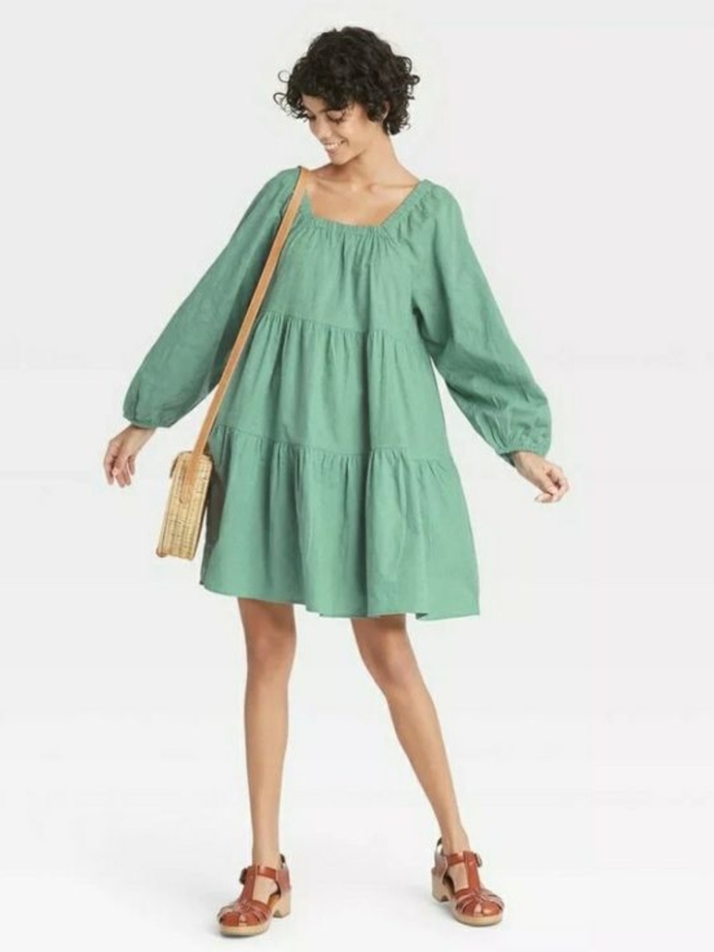 Universal Thread Sage Green Tiered Peasant Mini Dress